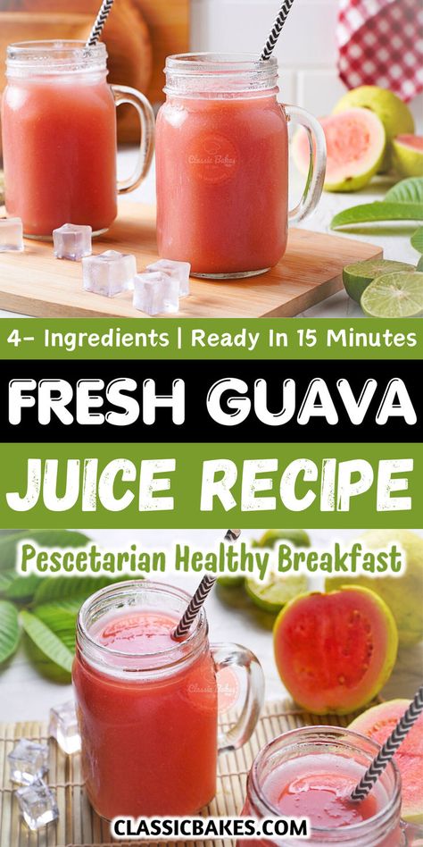 Indulge in the refreshing taste of homemade fresh guava juice! This easy recipe showcases ripe guavas blended to perfection, delivering a naturally sweet and tropical flavor. Perfect for hot days or as a delightful beverage for gatherings, this vibrant juice is a nutritious treat your family will love! Guava Juice Recipe, Guava Drink, Guava Recipes, Guavas, Guava Juice, Homemade Juice, Coconut Desserts, Vegetarian Main Dishes, Banana Dessert