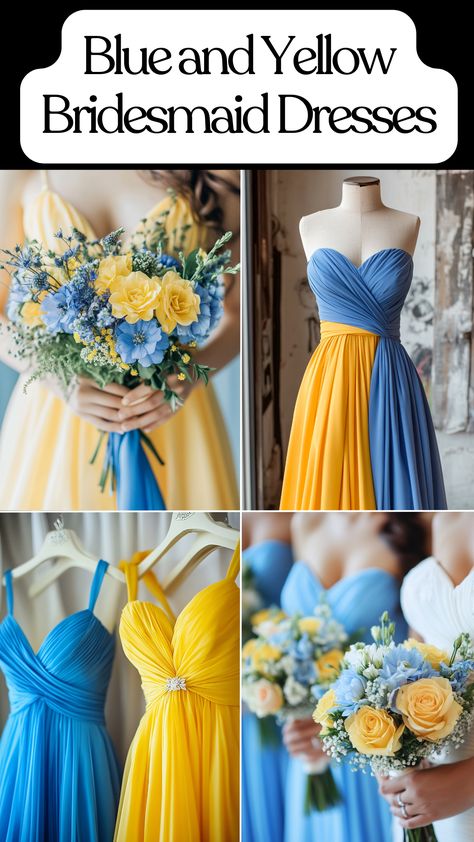 Blue and yellow bridesmaid dresses for a stylish wedding theme.