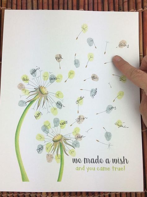 Fingerprint Guestbook, Dandelion Seeds, The Dandelion, Dandelion Seed, Guest Book Alternatives, Baby Shower Signs, Social Gathering, Mother And Father, Shower Favors