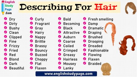 Descriptive Words 3 Words To Describe Your Style, Words To Describe Hair, Describe Hair Writing, Describing Words For Appearance, Descriptive Words For Appearance, Time Order Words, Brown Hair Color Chart, Baby Girl Names Uncommon, List Of Adjectives