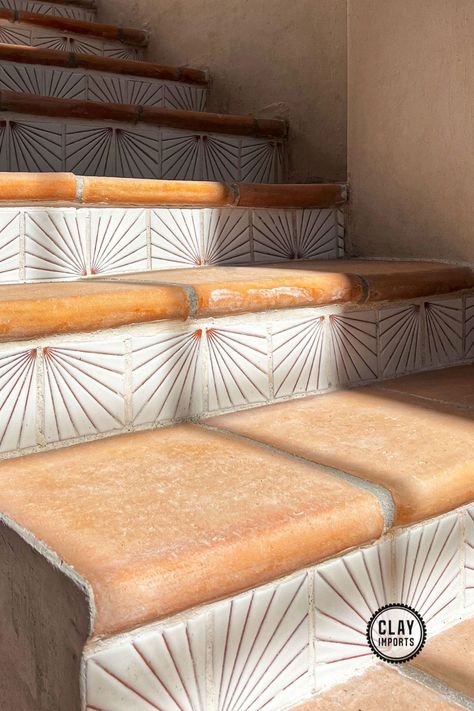 Tile Front Stairs, Saltillo Tile Backyard, Tile Concrete Steps, Tiled Front Steps, Tile Stairs Outdoor, Terracotta Stairs, Tile Stairs Indoor Staircases, Tile On Stair Risers, Courtyard Steps