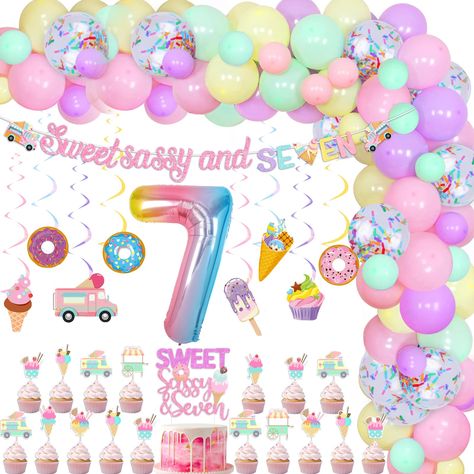 PRICES MAY VARY. Package Includes: You will receive 44 x latex balloons 12 inches, 20 x latex balloons 5 inches, 1 x number 7 foil balloon(No Helium Suppored), 8 x ice cream hanging swirl, 12 x ice cream cupcake toppers, 1 x sweet sassy and seven banner, 1 x sweet sassy and seven cake topper, which can help you hold and unforgettable 7th birthday party Double-sided Printing Cake Topper: Sweet sassy and seven cake topper and cupcake toppers are made of high quality cardstock and is double-sided p Sweet Sassy And Seven Birthday Party, 7th Birthday Theme Girl, Birthday Party Themes For Girls Age 7, Seven Year Old Birthday Party Ideas, Girls 7th Birthday Party Themes, 7 Birthday Party Ideas Girl, 7 Year Birthday Party Ideas Girl, Girls 7th Birthday Party Ideas, Sweet Sassy And Seven Birthday