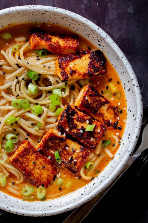 Vegan Tofu Ramen Recipes, Pescatarian Ramen Recipes, Vegan Tofu Meal Prep, Vegan Peanut Ramen, Spicy Coconut Ramen, Kimchi Tofu Ramen, Peanut Noodle Soup, Miso Gochujang Ramen, Peanut Ramen Soup