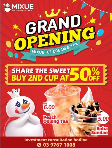 MIXUE Ten Kinrara Grand Opening Promotion from 21 October 2023 until 22 October 2023 Grand Opening Banner, Grand Opening Invitations, Pink Floyd Poster, Food Promotion, Ten Ten, Promotion Design, Lucky Draw, Cream Tea, Food Ads