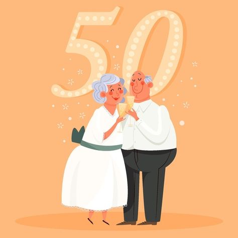 Anniversary Illustration, 50 Year Anniversary, People Celebrating, 60 Wedding Anniversary, 50 Years Anniversary, Golden Wedding Anniversary, Vector People, Marriage Anniversary, Golden Wedding