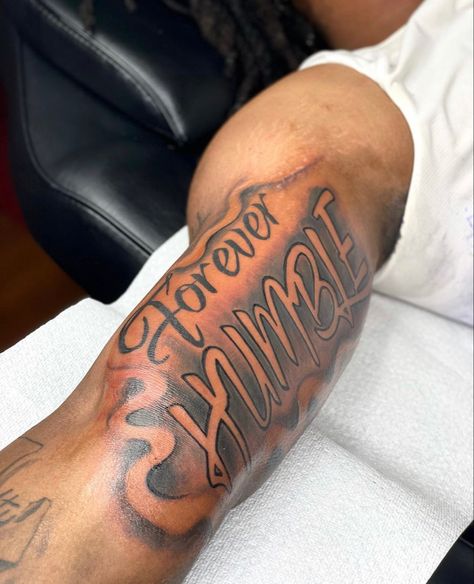 Bicep Tattoo Men Black, Men Cloud Tattoo, Humble Tattoo Men Arm, Male Bicep Tattoo, Inside Shoulder Tattoo Men, Forever Humble Tattoo, Bicep Tattoo Men Inner, Top Arm Tattoo For Men, Humble Tattoo Men