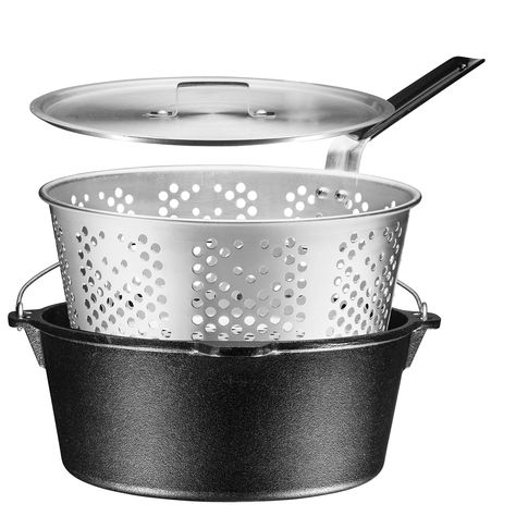 Pre-Seasoned Cast Iron Fish Fryer 9 Quart Stock Pot Dutch Oven with Aluminum Basket & Lid Rugged Cast Iron Deep Fryer, Campin Campfire Cooking Equipment, Cast Iron Bakeware, Fish Fryer, Fry Basket, Oven Kitchen, Seasoning Cast Iron, Induction Cookware, Deep Fry, Cast Iron Pot