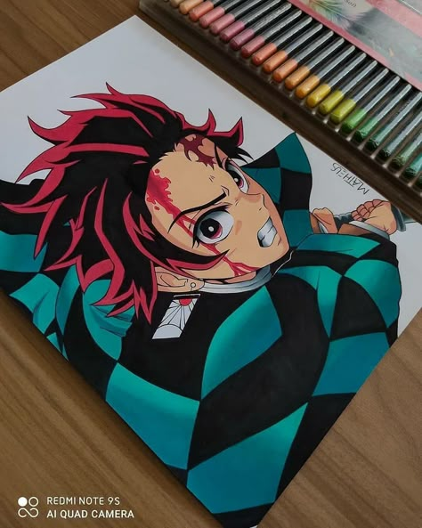 Tanjiro Canvas Painting, Anime Drawing Coloured, Anime Color Pencil Art, Tanjiro Painting, Tanjiro Drawing, Coloured Drawings, Anime Canvas Painting, Buddhist Art Drawing, Coloring Pencils