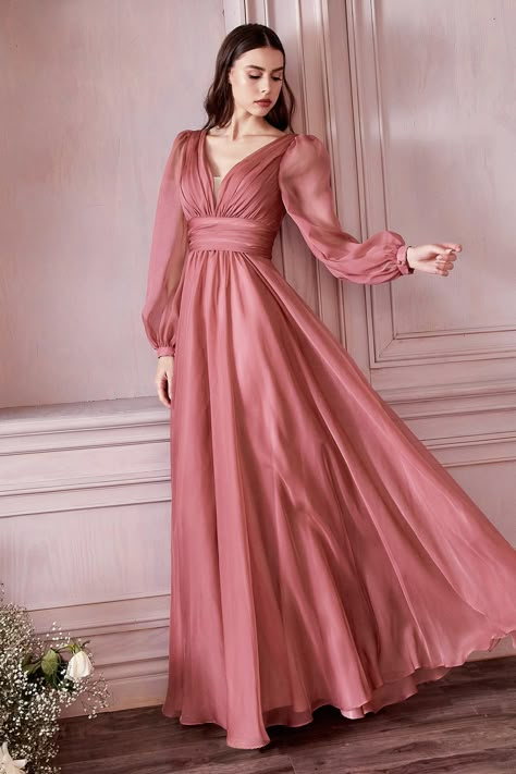 Party Gowns Elegant, Long Sleeve Chiffon Dress, Prom Dresses Long Pink, Cinderella Divine, Evening Dresses With Sleeves, Evening Party Gowns, Chiffon Evening Dresses, Unique Prom Dresses, Full Length Dress