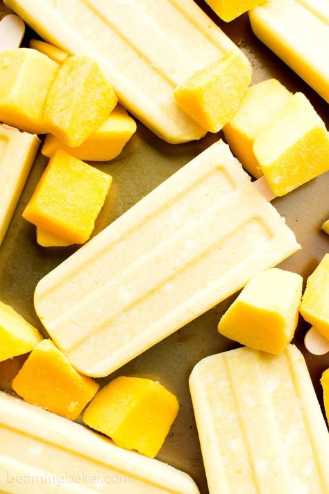 Mango Coconut Cream Popsicles (V, GF, DF): a 3 ingredient recipe for creamy and refreshing popsicles packed with mango and coconut! #Paleo #Vegan #DairyFree #GlutenFree | BeamingBaker.com Mango Coconut Popsicle, Coconut Cream Popsicles, Paletas Recipes, Mango Popsicle Recipes, Coconut Milk Popsicles, Beaming Baker, Vegan Popsicles, Healthy Popsicle Recipes, Fruit Treats