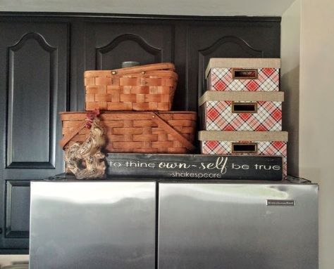 Organize that old kitchen just in time for new years eve guests! #diy #organizing #bye Baskets Above Fridge, Top Of Refrigerator Storage, Above Fridge Storage Ideas, Above Refrigerator Storage, Space Above Fridge, Above Fridge Storage, Fridge Storage Ideas, Ikea Rack, Above Refrigerator