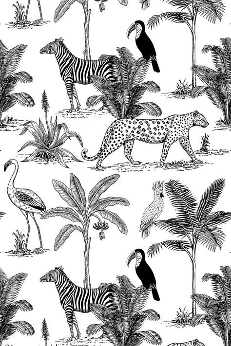 Jungle Seamless Pattern, Tropical Animals Illustration, Hand Drawn Animals, Black And White Animal Illustration, Cute Jungle Animals Illustration, Jungle Pattern Design, Jungle Illustration Background, Jungle Branding, Jungle Animals Illustration