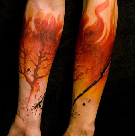 Related image Burning Bush Tattoo, Bush Tattoo, Voll Arm-tattoos, Watercolor Tattoo Tree, Mastectomy Tattoo, Army Tattoos, Flower Tattoo Meanings, Flame Tattoos, Full Arm Tattoos