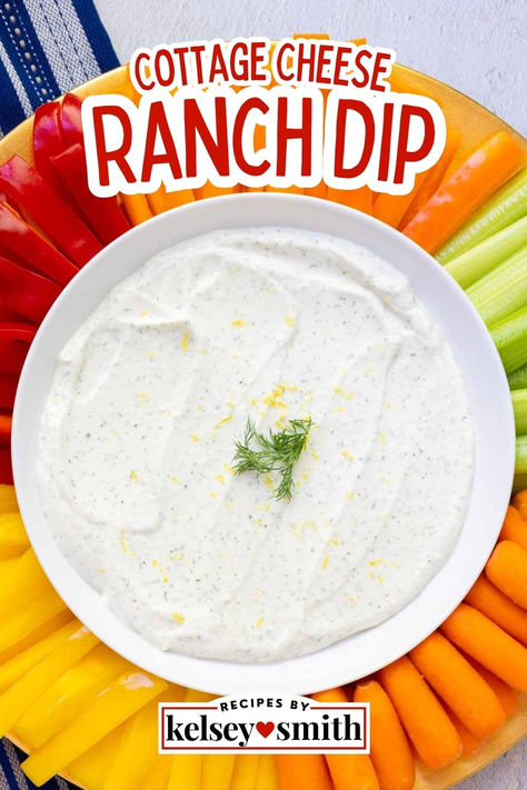 Creamy cottage cheese ranch dip on a serving platter with colorful fresh veggies including tri-color bell peppers, celery, and carrots. Cottage Cheese Ranch Dip, Cheese Ranch Dip, Dessert Casseroles, Ranch Dip Mix, Appetizer For Thanksgiving, Cottage Cheese Ranch, Cottage Cheese Dip, Grain Crackers, Ranch Dip Recipe