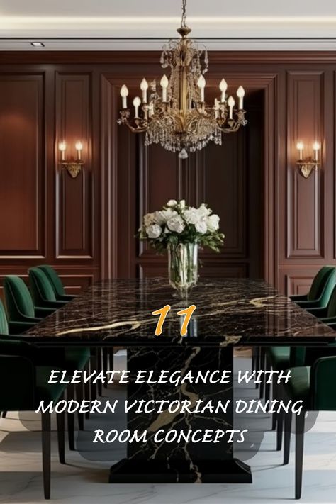 Step into a world of sophistication with my favorite modern Victorian dining room concepts! The rich brown paneling, statement chandelier, and luxurious marble table create an inviting, elegant atmosphere. I love how the green chairs add a pop of color while complementing the overall design. Perfect for hosting dinners or enjoying a quiet meal, this space showcases timeless elegance with a contemporary twist. Let's bring a touch of grandeur to our homes! Edwardian Dining Room, Modern Victorian Dining Room Ideas, Antique Dining Table Modern Chairs, Vintage Glam Dining Room, Modern French Dining Room, Architectural Digest Dining Room, Brown Paneling, Modern Victorian Dining Room, Modern Victorian Bedroom Ideas