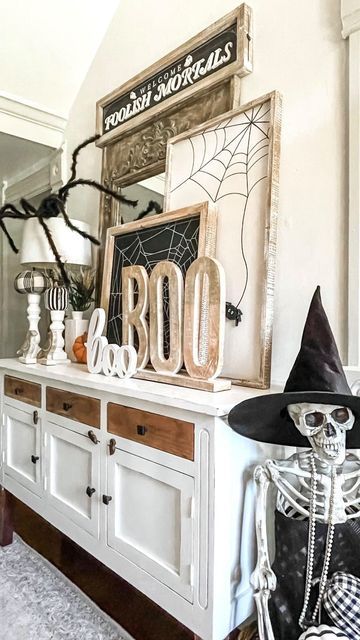 Vintage Halloween Kitchen Decor, Halloween Decorations Farmhouse, Kirklands Halloween Decor, Vintage Farmhouse Fall Decor, Farmhouse Witch Decor, Southern Halloween Decor, Cabinet Halloween Decor, Halloween Tv Stand Decor, Fall Decor Tv Stand