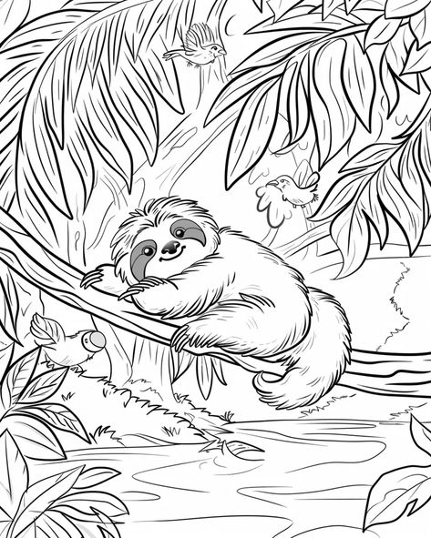 The image is a coloring page of a sloth hanging from a branch in a jungle. The sloth is smiling and has its eyes closed ->> more details in ai-img-gen.com Jungle Colouring Pages, Jungle Coloring Pages, Jungle Pictures, Sloth Hanging, A Coloring Page, A Sloth, Eyes Closed, Two Birds, Birds Flying