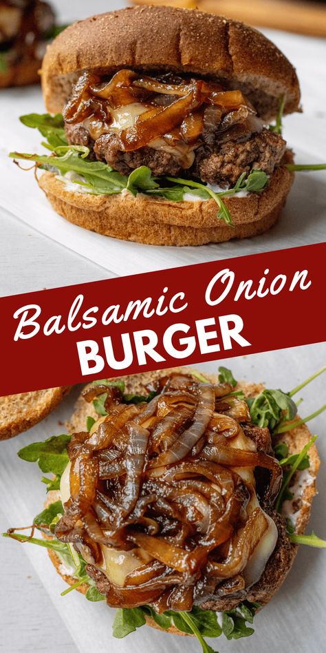 This Balsamic Onion Burger is a great twist on a classic burger. The caramelized balsamic onions are amazing. You cook them with butter till they are golden, then covered them in a sweet balsamic glaze. Pair the onions with provolone, arugula, and mayo for a homemade burger that you’ll love. Onion Burger Recipe, Easy Homemade Burgers, Balsamic Onions, Onion Burger, Meal Planning Recipes, Sandwich Makers, Homemade Burgers, Grilled Onions, Bbq Food