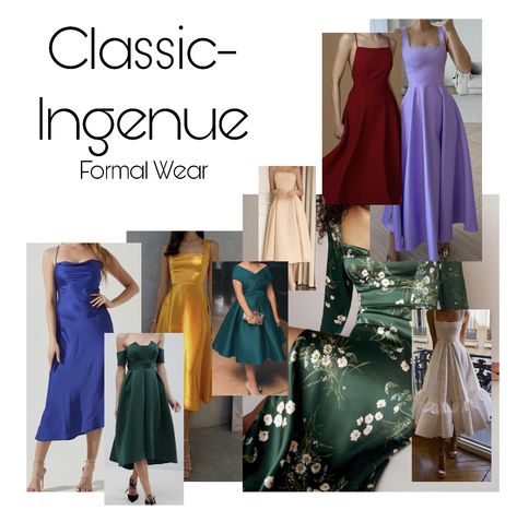 A collage of Classic-Ingenue essence inspiration for formal wear. Classic Romantic Ingenue Essence, Kibbe Ingenue Outfits, Natural Classic Ingenue Essence, Ingenue Classic Essence, Ingenue Romantic Essence, Classic Ingenue Essence, Soft Classic Ingenue Essence, Classic Ingenue Style, Ingenue Essence Outfits