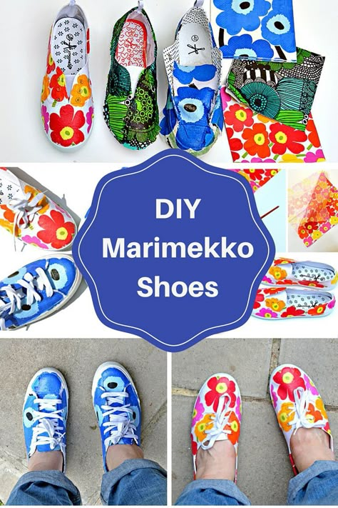 Decoupage can be cool ! Make your very own designer Marimekko Shoes with some paper napkins. Diy Marimekko, Decoupage Shoes, Painted Shoes Diy, Shoe Makeover, Mod Podge Crafts, White Canvas Shoes, Diy Sneakers, Be Cool, Diy Shoes