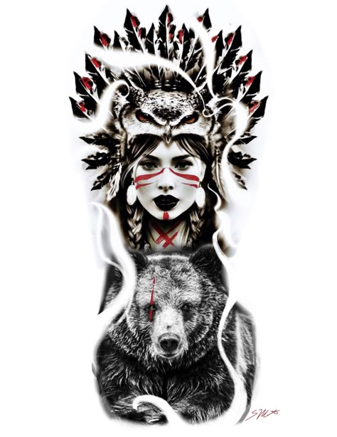 Native American Owl Art, Native Bear Tattoos For Women, Native American Leg Sleeve Tattoo Women, Bear And Woman Tattoo, Native American Animal Tattoos, Mohawk Indian Tattoo, Native Headdress Tattoo, Totem Tattoo Native American, Native American Owl Tattoo