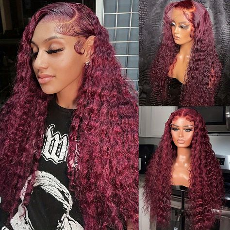 Faster shipping. Better service Burgundy Deep Wave, Curly Lace Frontal, Lace Front Wigs Human Hair, Curly Lace Front Wigs, Red Wigs, Curly Waves, Burgundy Hair, Deep Curly, Wigs Human Hair