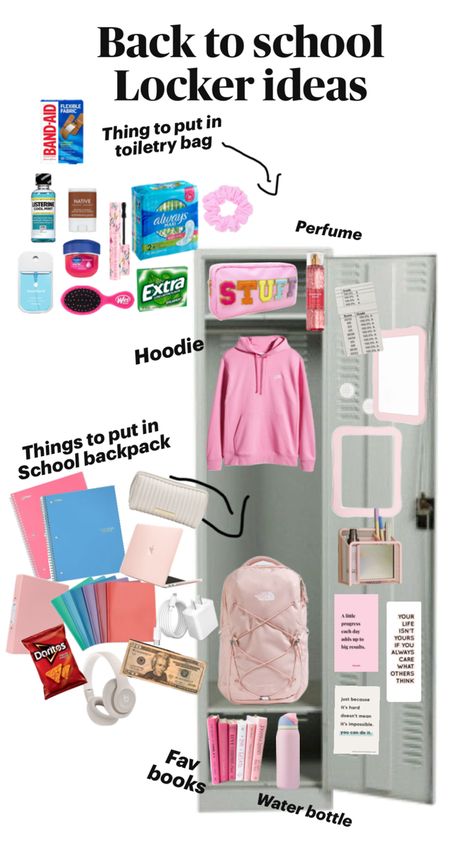 #lockers#school# Back to school#pink#backpack#cute#girly Lockers For School, School Year Motivation, School Locker Ideas, School Locker Organization, High School Lockers, School Backpack Essentials, Middle School Life, Locker Ideas, Locker Organization