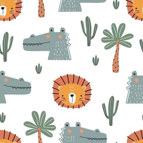 Seamless pattern with a cute lion cub cr... | Premium Vector #Freepik #vector #boy-pattern #baby-pattern #kids-pattern #baby-wallpaper Zebra Cactus, Boys Prints, Boy Birthday Party Themes, Kids Graphics, Boy Illustration, Cute Lion, Print Design Pattern, Lion Cub, Crocodiles