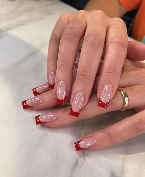 Red French Nails Square, Red French Tip Square, Dylan Gossett, Medium Square Nails, Deep Red Nails, Bella Nails, Holiday Acrylic Nails, Glitter Tip Nails, Red Nails Glitter