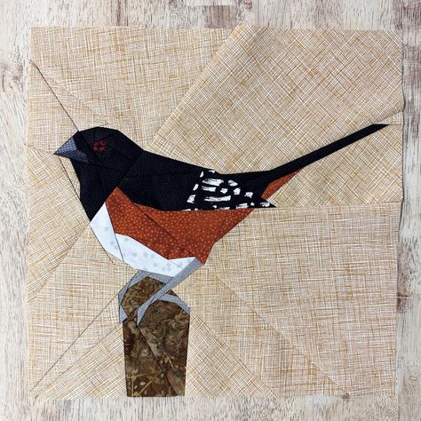 A modern paper piecing quilt block. Eastern Towhee FPP: Backyard Birds Series  (Notes included on making this into the Spotted Towhee variety.) Finished Size: 12" Block Level of Difficulty: Moderate (3)  Please note there is tiny piecing of the eye section, but I've included an easier alternate eye version. Instant downloadable pattern includes: *Finished Product Image *Mirrored Image for Piecing *Piecing Order Instructions *Pattern pieces--1 set of blank pieces you can write your own numbers on, and 1 set of pieces with color indicators *Color Chart Pattern pieces include 1/4" seam allowance.  All patterns have been personally tested. For additional patterns please check out my shop: LoverOfLifeDesigns.etsy.com Level difficulty reference: 1: Easy--beginner friendly, fewer sections, easy p Eastern Towhee, Bird Quilts, Bird Quilt Blocks, Bird Quilt, Applique Quilting, Fall Quilts, Quilt Block Pattern, Paper Piecing Quilts, Pattern Pieces