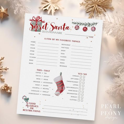 PRINTABLE Secret Santa Questionnaire for Co-Workers, Work Gift Exchange Wish List, Gift Exchange Form, Office Holiday Party Game Survey, PDF by PearlPeonyDesign on Etsy Office Holiday Party Games, Gift Exchange Questionnaire, Gift Exchange Form, Printable Secret Santa Questionnaire, Secret Santa Form, Work Gift Exchange, Work Secret Santa, Secret Santa Questionnaire, Gift Exchange Party