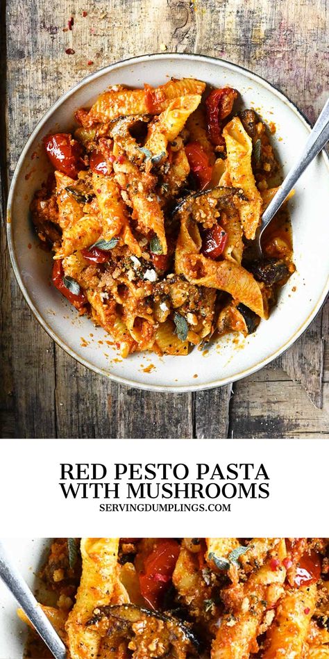 Red Pesto Dinner Ideas, Red Sauce Pasta With Mushrooms, Veggie Pasta With Red Sauce, Red Pesto Recipe Dinners, Meals With Sundried Tomatoes, Red Pesto Pasta Recipes, Red Pasta Recipes, Tomato Recipes Dinner, Tomato Mushroom Pasta