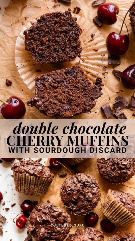 Indulge in the most delicious Double Chocolate Cherry Muffins made with sourdough discard. Moist, rich, and bursting with flavor—the perfect baking recipe for stone fruit season. You're going to love these chocolate cherry sourdough muffins. #muffins #chocolate #cherry Sourdough Muffins Recipe, Cherry Sourdough, Chocolate Cherry Muffins, Muffin Cups Recipes, Sourdough Muffins, Muffins Chocolate, Cherry Muffins, Valentines Recipes Desserts, Discard Recipe