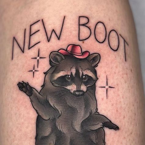 Emi Collison on Instagram: "👢NEW BOOT GOOFIN 👢 thank you so much for coming in, Sam!! 🦝🤠 . . . . . . . . . . . . #illustrativetattoo #raccoontattoo #neotraditionaltattoo #neotrad #coloradotattooartist #coloradotattoo #denvertattooartist #denvertattoo #bouldertattoo" Traditional Raccoon Tattoo, Skunk Tattoo, New Boot Goofin, Drawing Subjects, Colorado Tattoo, Raccoon Tattoo, Tattoo Flash, American Traditional, New School