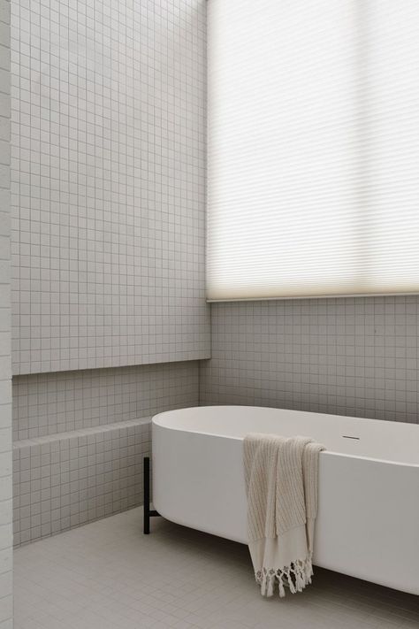 White Mosaic Tile Bathroom, Bathroom Storage Wall, White Mosaic Tile, White Mosaic Tiles, Mosaic Bathroom Tile, Spa Inspired Bathroom, Honeycomb Shades, White Mosaic, Bathroom Design Inspiration