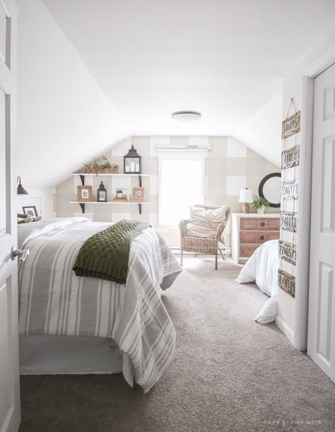 An awkward attic space turns into a charming little boy's farmhouse bedroom! Attic Bedroom Twin Beds, Bonus Bedroom Ideas, Bonus Room Guest Suite, Awkward Loft Space Ideas, Above Garage Bedroom Ideas, Attic Turned Bedroom, Attic Bedrooms Ideas, Boys Attic Bedroom Ideas, Bungalow Bedroom Upstairs