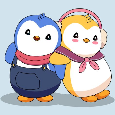 Pudgy and Peaches from PudgyWorld and Pudgy Penguins Pudgy Penguin, Penguin Couple, Penguin Decor, Digital World, Peaches, Penguins