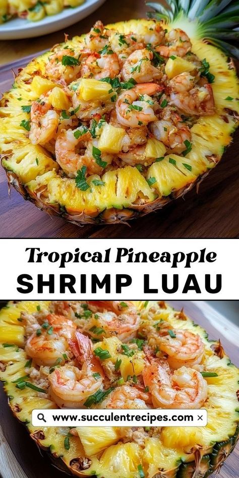 Whip up a tropical feast with this Quick Pineapple Shrimp Luau—perfectly seasoned shrimp and pineapple cooked to perfection in no time! Pineapple Ideas For Party, Tropical Christmas Dinner, Hawaii Food Ideas, Things To Make With Shrimp, Shrimp And Pineapple Recipes, Pineapple Dinner, Hawaii Foods, Shrimp And Pineapple, Luau Party Ideas