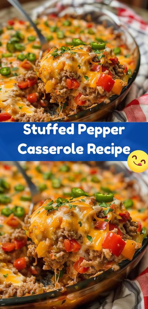 Enjoy a flavorful Stuffed Pepper Casserole tonight. Easy Stuffed Bell Peppers Casserole, Easy Dinner Recipes With Peppers, Stuffed Peppers Casserole Recipe, Peppers And Hamburger Recipes, Easy Stuffed Pepper Casserole Recipe, Stuff Green Pepper Casserole, Hamburger And Green Pepper Recipes, One Pot Stuffed Pepper Casserole, Mexican Stuffed Pepper Casserole