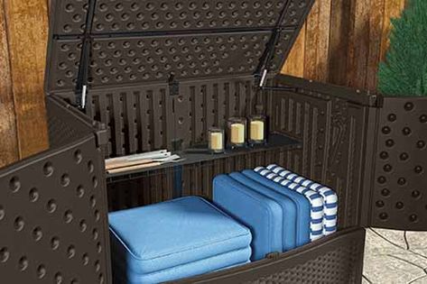 Patio Cushion Storage, Vinyl Sheds, Deck Storage, Large Patio, Sheds For Sale, Backyard Storage, Deck Boxes, Patio Storage, Deck Box Storage