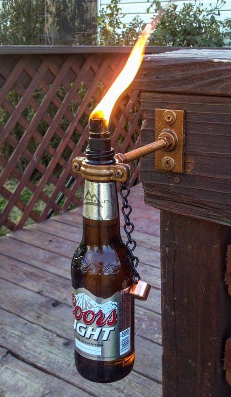 Bottle Torch, Torches Tiki, Beer Bottle Crafts, Wine Bottle Tiki Torch, Bottle Lamps, Glass Bottle Diy, Tiki Torches, Olive Oil Bottles, Bottle Lamp