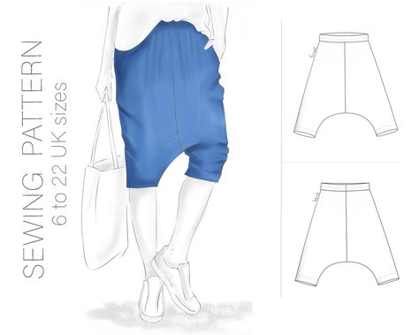 Drop Crotch Pants, PDF Sewing Pattern + Tutorial, instant download, 9 UK sizes. Drop Pants Pattern, Harem Pants Sewing Pattern, Detached Collar, Loose Fit Trousers, Pants Sewing, Harem Trousers, Drop Crotch Pants, Pants Sewing Pattern, Obi Belt