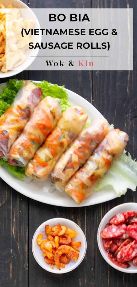 If you've never tried Bo Bia, the warm, comforting cousin of Vietnamese rice paper rolls, get ready to be swept off your feet. They're light and incredibly satisfying! #bobia #vietnameserolls #ricepaperrolls #springrolls Asian Food Appetizers, Vietnamese Rolls, Vietnamese Rice Paper Rolls, Sausage And Eggs, Vietnamese Rice Paper, Vietnamese Rice, Asian Appetizers, Chinese Sausage, Rice Paper Rolls