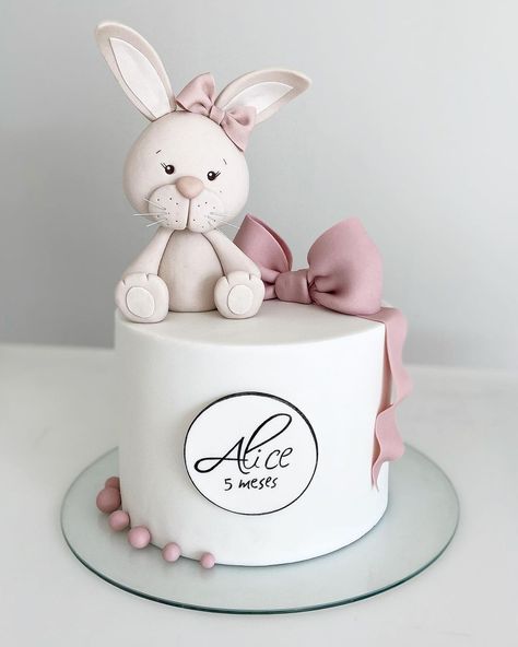 Bunny Birthday Cake, Fondant Cake Designs, Rabbit Cake, Bow Cakes, 2 Birthday Cake, Bunny Birthday, Bunny Cake, Baby Birthday Cakes