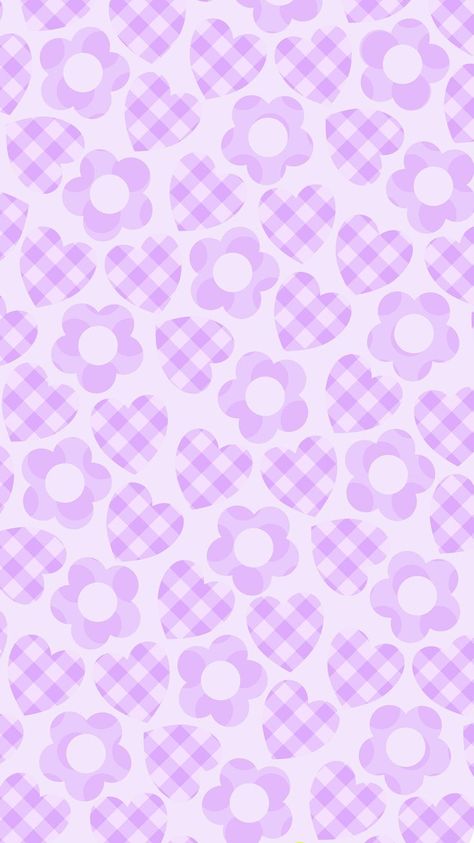 Phone wallpaper, background, lock screen. 'pastel purple dot and gingham flower and hearts' (5) Checkered Background, Pastel Purple, Lock Screen, Pattern Wallpaper, Gingham, Phone Wallpaper, Lavender, Dots, Abstract Artwork