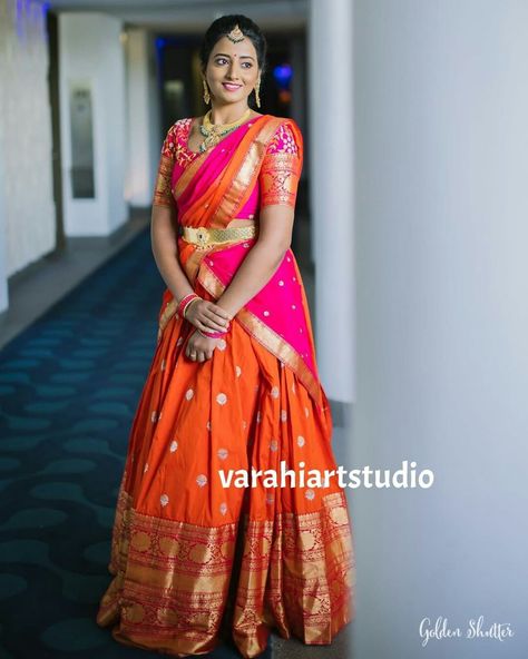 Orange And Pink Lehenga, Colour Combinations Lehenga, Half Saree Colour Combinations, Gold Blouse Designs, Saree Color Combinations, Orange Lehenga, Langa Voni, Half Saree Function, Camera Pictures