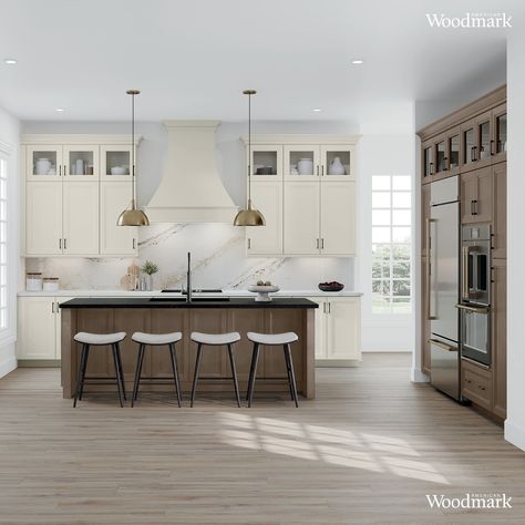 Maple Latte - the perfect warm neutral you've been looking for. Easily add a calming effect to any space with this new finish from #americanwoodmark - carefully chosen to pair seamlessly with the rest of our palette. You can add a bold pop of color, like our Painted Navy, or go for a more monochromatic look by adding another neutral finish, like our Painted Harbor. #newproduct #launch #cabinets #kitchen #twotone #kitchendesign #kitcheninspo #designinspo #homerenovations #designideas Harbor Color Kitchen Cabinets, Maple Latte Kitchen Cabinets, Latte Cabinets Kitchen, Woodmark Cabinets Kitchens, Maple Latte Cabinets, Mohawk Revwood Plus Beigewood Maple, Msi Calacatta Arno Quartz Kitchen, American Woodmark Cabinets, Kitchen Dual Tone Cabinets 36"