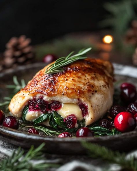 🎄🎀Holiday inspired... "Cranberry & Spinach Stuffed Chicken Breasts with Brie  Juicy chicken breasts stuffed with creamy brie, fresh spinach, and tangy cranberry sauce, making an elegant and flavorful holiday main dish.  Ingredients:  4 boneless, skinless chicken breasts Salt and pepper, to taste 4 oz brie cheese, sliced 1/2 cup fresh spinach leaves 1/4 cup cranberry sauce 1 tbsp olive oil Fresh rosemary sprigs for garnish (optional) Instructions: Prepare the Chicken Breasts:  Preheat oven to 375°F (190°C). Slice a pocket into each chicken breast, being careful not to cut all the way through. Season with salt and pepper. Stuff the Chicken:  In each pocket, place a few spinach leaves, a slice or two of brie, and a spoonful of cranberry sauce. Sear and Bake:  Heat olive oil in an oven-safe Timeless Recipes, Baked Bbq Chicken Recipes, Stuffed Chicken Breast Spinach, Stuffed Chicken Breasts, Cranberry Chicken, Baked Bbq Chicken, Fresh Spinach, Stuffed Chicken, Spinach Stuffed Chicken