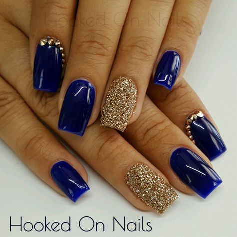 Blue And Gold Nails, Blue Gold Nails, Gold Acrylic Nails, Nails With Glitter, Gold Nail Designs, Blue Acrylic Nails, Gold Nail, Nail Designs Glitter, Prom Nails