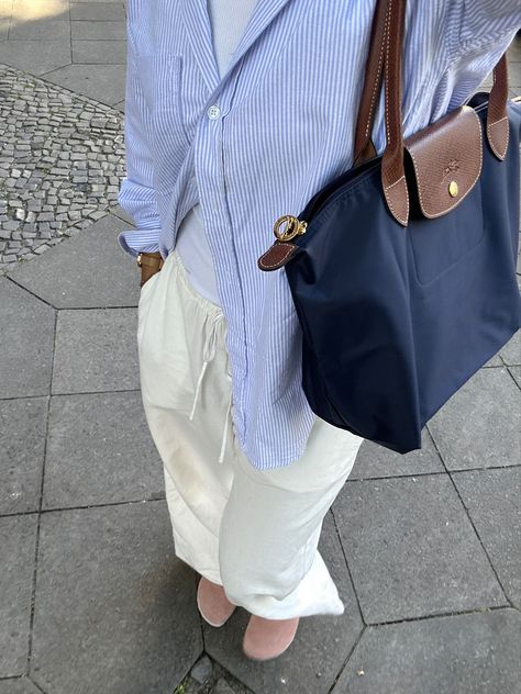 linen pants, striped blouse, longchamp bag, boston birkenstocks Styling Longchamp Bag, Beige Longchamp Bag Outfit, Blue Longchamp Bag Outfit, Navy Longchamp Bag Outfit, Longchamp Bag Aesthetic, Longchamp Aesthetic, Longchamp Bag Outfit, Longchamp Style, Longchamp Outfit